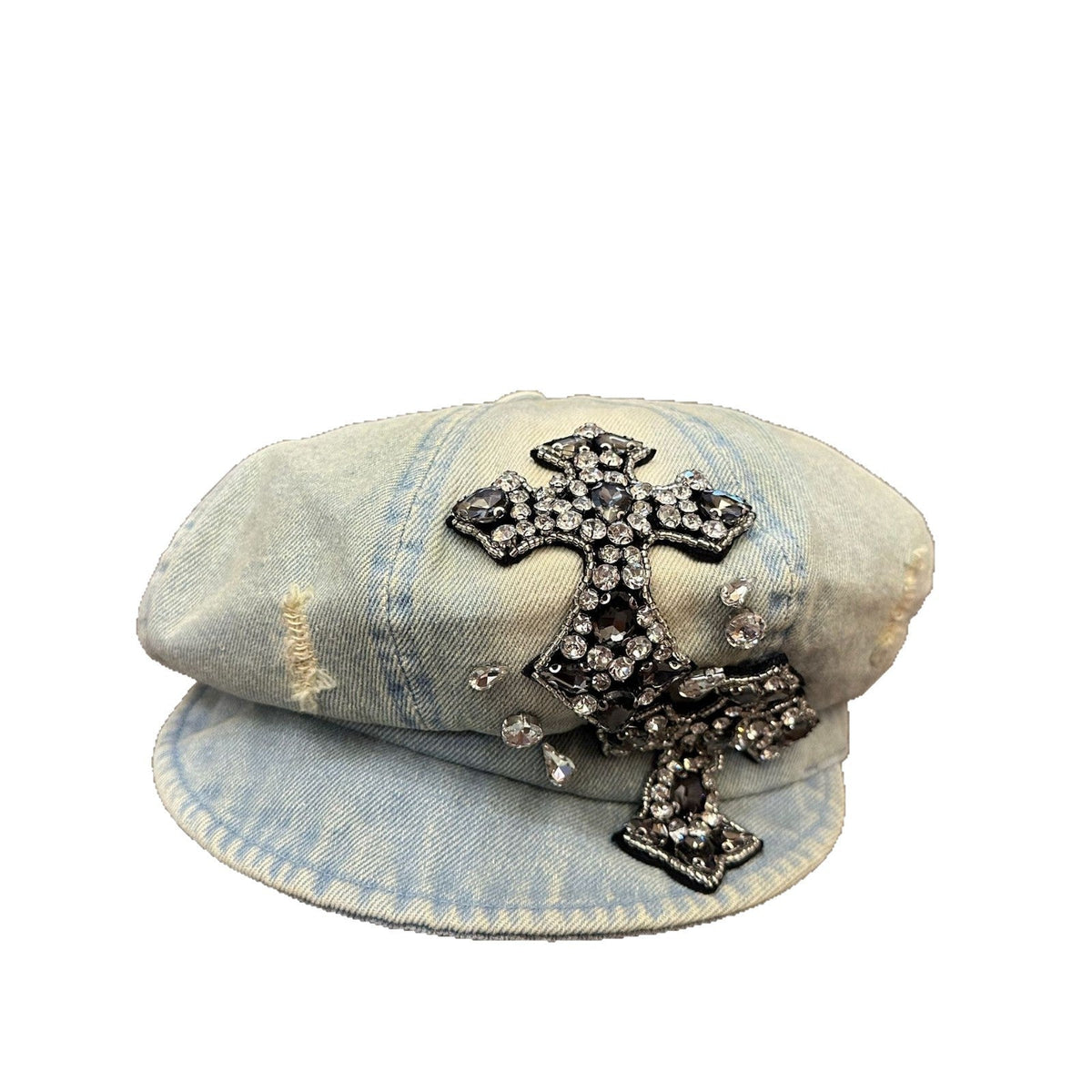 Rhinestone Cross Denim Octagonal Beret Vintage Y2K Women Newsboy Cap