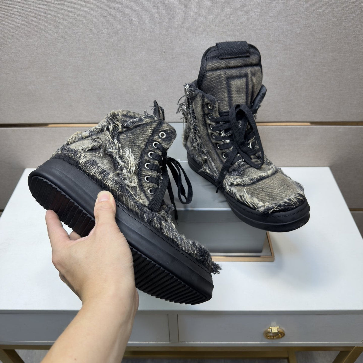 Gray and Black Distressed High-Top Sneakers