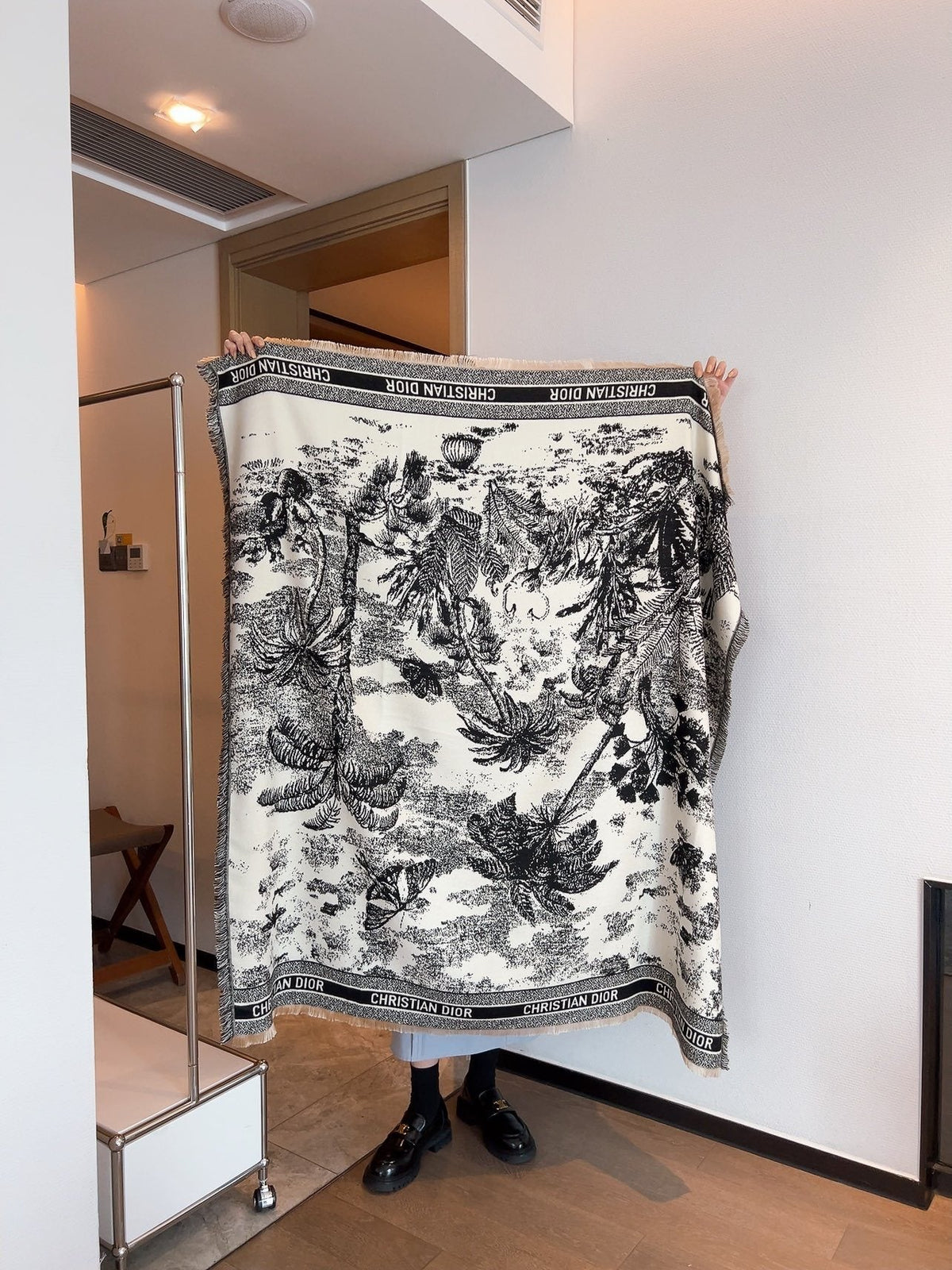 Dior Botanical Print Fringe Square Scarf
